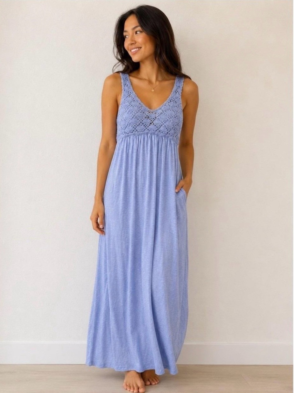 NWT aerie Crochet Bodice Maxi Dress in Ocean Sky Blue w/ Pockets - size XL